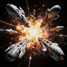 over 1 0 0 alien ships fighting in space, explosions, high contrast, art by mark cooper, 8 k, hyper detailed, hdr, intricate