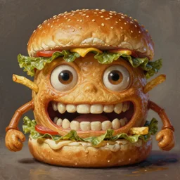 a burger monster with a hamburger head, hamburger monster, burger face, burger with human eyes, burger with human mouth, teeth, very detailed eyes, french fries as arms, character concept art, fantasy, intricate, fantasy drawing, illustration, highly detailed, hyperrealistic, cgsociety, artstation, oil painting by greg rutkowski, by artgerm