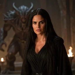 epic photo of salma hayek as beautiful wizard wearing a black robe in lord of the rings with long straight black hair fighting the terrifying balrog in the mines of moria, sweaty, detailed eyes, neutral expression, shallow depth of field, photorealistic, cinematic lighting, lovely bokeh, dungeon setting, dark moody light, strong rim light, movie quality, fire light, lord of the rings 1 9 8 5, movie still