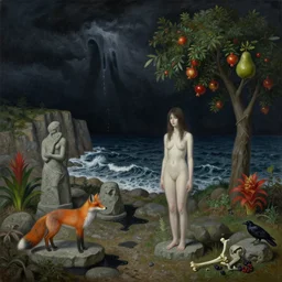 realistic painting of night sky during a storm, tall emo girl, coastline, stone sculptures, a fox, a pear tree, black melting sky, cliffs, waves breaking, stones, black puddles, pomegranate tree, bromeliads, herbs, raven, bones, berries, zen, sensual, surrealist painting by magritte and monet and rousseau