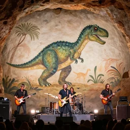 Pink Floyd performing a concert to dinosaurs, cave painting