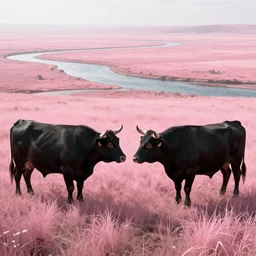 epic scene, concept art by Maciej Kuciara, highly detailed, two black bull stay face to face on pink a clearing with pink grass and a river long-range plan with cinematic luma