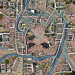 epic scene, concept art by Maciej Kuciara, highly detailed, two black bull stay face to face on pink a clearing with pink grass and a river long-range plan with cinematic luma