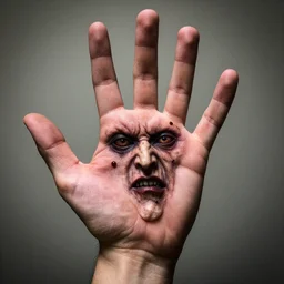 photo of an open human hand with five fingers, in the palm a creepy old human face with eyes and a mouth, vampire hunter d, countenanced carbuncle
