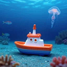 a toy boat under the ocean, abyssal region, fish, jellyfish, night