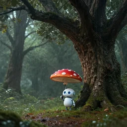 a tiny robot holding a mushroom ambrella, under a gaint tree in forest, raining, artstation, an epic fantasy, cinematic lighting, hyper realistic, photographic, sharp focus, by greg rutkowski and alphonse mucha