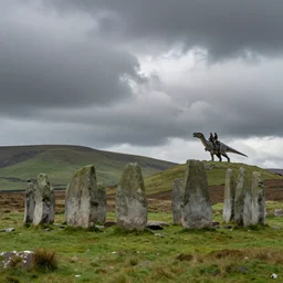 fantasy landscape, ancient Ireland, standing stones, dramatic clouds, atmospheric, green hills, dinosaurs, ancient Irish hunters riding dinosaurs