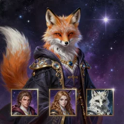 a stylized painting for an avatar of an awesome cosmic powerful luxurious foxfolk mage themed around death and the cosmos, in the style of dnd beyond avatar portraits, beautiful, artistic, elegant, lens flare, magical, lens flare, nature, realism, stylized, art by jeff easley and genndy tartakovsky