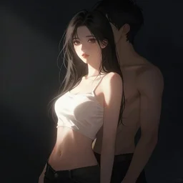 beautiful girl posing with a man with no clothes in the dark studio, hard lightning flood on their body, digital illustration by ruan jia on artstation - w 1 0 8 8