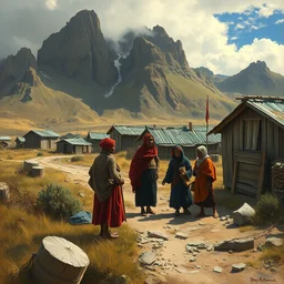 a painting of south african immigrants in a rural patagonian village on the coast. comodoro rivadavia, rural and rocky. by greg rutkowski, trending on artstation