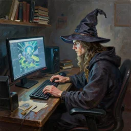matte oil painting, wizard sitting at his computer, as a mtg character, typing on a keyboard, big screen, inside a cluttered lan party room, wrinkled wizard hat, books, extremely detailed, digital illustration, concept art, readability, impasto, sharp focus, art by brothers hildebrandt, and alex grey