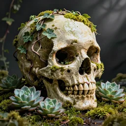 overgrown skull inspired by René Laloux,Dan Mumford,twisted ivy vines,moss,succulents