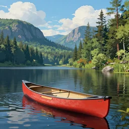 a single canoe on a scenic northern Algonquin lake, vivid colors, high details, cinematic, 8k resolution, beautiful detailed, photorealistic, digital painting, artstation, concept art, smooth, sharp focus, illustration, fantasy background, artstation trending, octane render, unreal engine