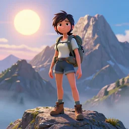 a disney pixar 3 d film animation still portrait of a 1 9 5 0's adventurer hiker girl atop a big mountain, finely detailed features, water, sun, gapmoe yandere grimdark, trending on pixiv fanbox, painted by greg rutkowski makoto shinkai takashi takeuchi studio ghibli, pixar, 3 d anime. octane