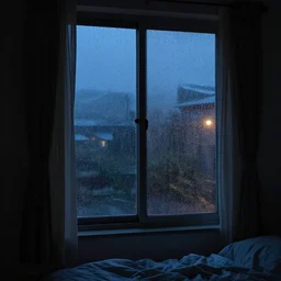 rainy bedroom window at night