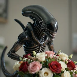 A Facehugger from the movie Alien emerging from a bouquet of flowers, soft glittery lighting, hi-res photo