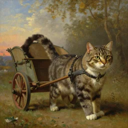huge cat harnessed to a cart, oil painting by Ivan Shishkin