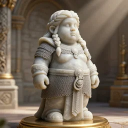 masterwork smooth stone statue depicting a beautiful ancient dwarven queen wearing chainmail with long braided hair, on a golden pedestal in the middle of a worked stone room, highly detailed, intricate, realistic, soft lighting, sunshafts, artstation, dungeons and dragons, chubby female dwarf, sharp focus