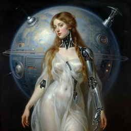 portrait of a nymph in cyborg robotic future planet, by william bouguereau and lord federic leighton