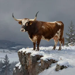 an winter painting of a longhorn steer on a high bluff, key visual, concept art, extremely moody lighting, highly detailed, digital painting, artstation, unreal engine