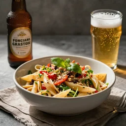 a bunch of random food in a bowl to make some kind of pasta salad there's also a beer in the picture it's half drunk