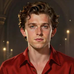 portrait of tom holland, hazel eyes, red shirt, intricate, elegant, glowing lights, highly detailed, digital painting, artstation, concept art, smooth, sharp focus, illustration, art by wlop, mars ravelo and greg rutkowski