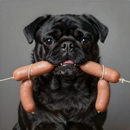 portrait of a black pugalier with a string of sausages in his mouth, painting, surrealism, extreme detail