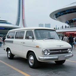 retrofuturistic general motors van of the future inspired by spaceship design 1960s american world's fair, press photograph