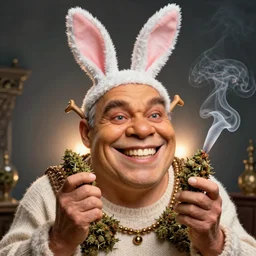 hyper realistic, portrait of a derpy mr. bean, big chungus, with bunny ears, shrek skin, grandma!!!, smoking massive amounts of weed, big smile, buck teeth, by greg rutkowski, scott m fischer, artgerm, loish, slight glow, atmospheric, anne stokes, alexandros pyromallis, 4 k, 8 k