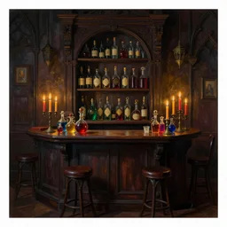 a matte painting gothic counter parlor with bottles of potions and flickering candles colorful by edward hopper, tyler edlin