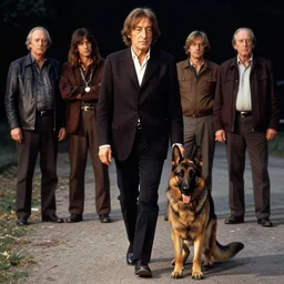 john lennon walking with a german shepherd dog. epic stunningly beautiful concept art, dramatic light, james gurney, david palumbo, andreas rocha, wlop, artgerm artstation, 4 k. kodachrome. masterpiece