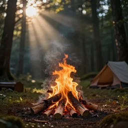 a campfire in a surreal world, 8k resolution concept art hyperdetailed trending on Artstation Unreal Engine ominous photorealistic sunshine rays colourful beautiful bokeh ambient occlusion, dynamic lighting, stunning visuals, creative, concept art, trending on art station, ultra detailed