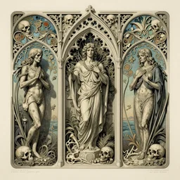 detailed realistic memento mori lithograph by cameron gray and augustus pugin, gothic ornament, skulls, bones, art nouveau, neogothic, ornate art nouveau botanicals, horizontal symmetry
