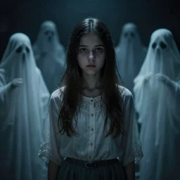 still of a young girl from a movie where only ghosts are real and people are just illusion, she will live only as long as you dream of her, insanely detailed, chiaroscuro, she knows all the history of the world, from the 2 0 0 1 movie kairo