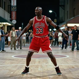 middle shot still of michael jordan, he is in the thriller music video, in the streets, at night, dancing, wide shot