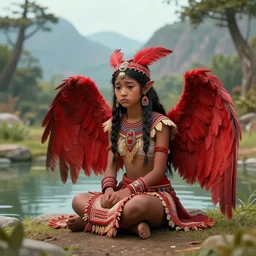 prompt Young Harpy, red feathered wings, wearing Inka clothes, sad expression, sitting at a pond, mountainous area, trees in the background, digital art