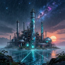 industrial architecture by wayne thiebaud, wilderness universe galactic heavy rain otherworldly dieselpunk cosmic made of glass water nature laser sea futuristic at dawn biopunk morning sun gem cyberpunk infrared uv light myst nightsky, archdaily, wallpaper, highly detailed, trending on artstation.