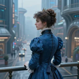 portrait of a victorian lady in a futuristic city, from behind, streets, beautiful, blue, highly detailed, digital painting