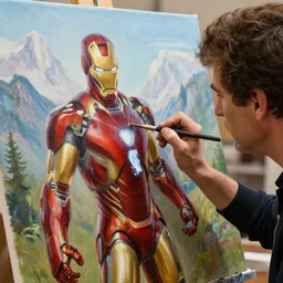 a closeup photorealistic photograph of bob ross diligently finishing a canvas painting featuring iron man on the canvas. mountains and trees. film still. brightly lit scene. this 4 k hd image is trending on artstation, featured on behance, well - rendered, extra crisp, features intricate detail, epic composition and the style of unreal engine.