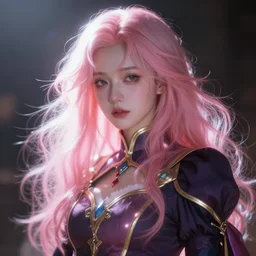 portrait of an innocent lost woman with pink hair, magic uniform, fantasy, intricate, sharp focus, lens flare, bloom, rim light, illustration, highly detailed, digital painting, concept art, matte, art by ruan jia