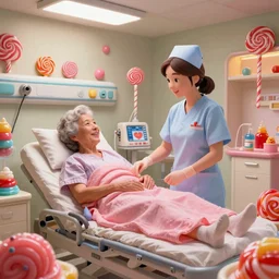 photo of a happy patient and nurse in a hospital room made out of soft candy, candy equipment, candy hospital room, candy treatments