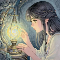 spirit guide from atlantis gazing into a magical apparatus. serigraphy by award - winning mangaka, backlighting, intricate details, muted pastel palette, depth of field. 1 2 3 4