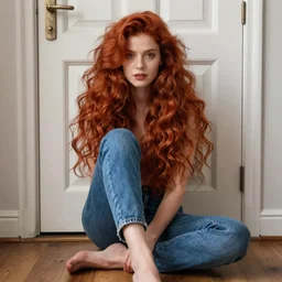 redhead woman with thick layered hair, sitting on a wooden floor, blue jeans, in front of a white door, by jeremy lipking, joseph todorovitch, serge marshennikov