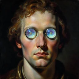 baroque neoclassicist close - up sci - fi portrait of a retrofuturistic man with a digital clock for eyes. iridescence. dark black ominous background, glowing atmosphere. highly detailed science fiction fantasy painting by norman rockwell, frank frazetta, and syd mead. rich colors, high contrast, gloomy atmosphere. trending on artstation and behance.