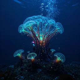 serene bioluminescent underwater life, cyberpunk, deep ocean, bottom of the sea, dark, extreme depths, organic, mariana trench, midnight zone, bubbles, vibrant luminescence, hyper realistic, hyper detailed, digital art, trending in artstation, studio quality, photorealistic, photo, by jesper ejsing, wlop, paul lehr