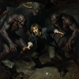 a horrified man in a dark dingy basement dealt with monsters of unknown power, art by anders zorn, wonderful masterpiece by greg rutkowski, beautiful cinematic light, american romanticism thomas lawrence, greg rutkowski