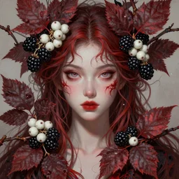 digital painting crimson goddess, lots of branches, leaves and white berries of blackberries, wonderful eyes, symmetrical, fantasy, highly detailed, realistic, complex, fantasy, over - detailed, elegant, complex, dynamic lighting, hyperrealism, digital art, digital painting, artstation, wlop, clear focus, illustrations by filipe pagliuso and justin gerard
