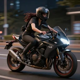 a matte painting of a man dressed as a woman, speeding on motorcycle, photo realistic, high detail, night street, night time, unreal engine render