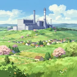 very beautiful painting by toei animation backgrounds hd and city hunter anime backgrounds hd and a few vector illustration touch, a beautiful landscape of the french countryside during spring season with a big factory architecture designed by boeing military on a hill, nice lighting, soft and clear shadows, low contrast, perfect
