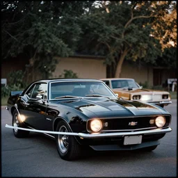 designed by john delorean stylized poser of a single ( 1 9 6 7 chevrolet impala ) 2 0 1 3 chevrolet camaro ss! delorean!!, painted glossy black, large led lights, ektachrome photograph, volumetric lighting, f 8 aperture, cinematic eastman 5 3 8 4 film